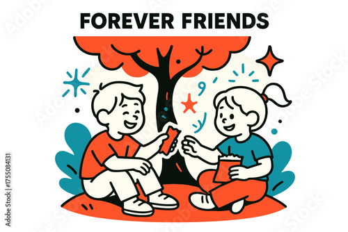 Glowing Friendship Illustration. Forever Friends. Two glowing kids sitting under a tree sharing snacks, abstract floating spark and star icons symbolizing
