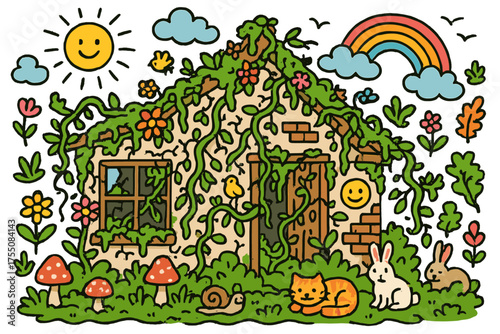 Colorful Overgrown Home. Wild Interior. Colorful Hand-drawn doodle Children illustration overgrown plants, abandoned home, vines, moss, flowers, broken