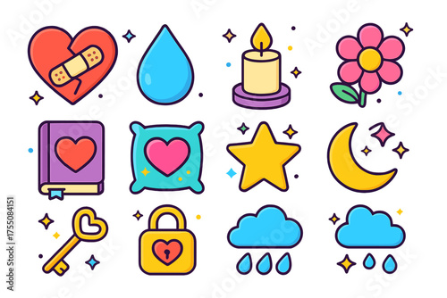 Healing Heart Icons. Healing Heart. Colorful isometric vector icons set of healing heart: cracked heart with bandage, teardrop, candle, flower, diary, pillow,