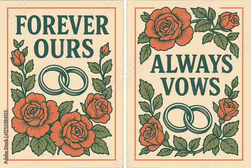 Vintage Wedding Banners. Wedding. Two vertical A6 banners with safe margins, centered composition, no elements touching edges, retro style, coral and teal,