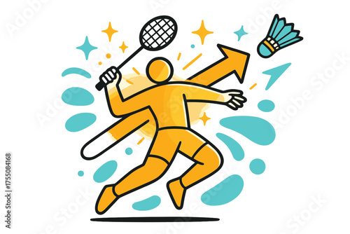 Dynamic Smash Shot. Smash Shot. A glowing player mid-air hitting a shuttlecock, abstract floating spark and arrow shapes symbolizing power and speed. Modern