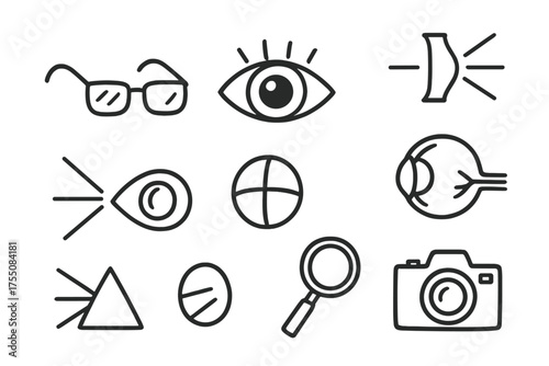 Sight-themed Doodle Icons. Sight. Hand-drawn doodle illustration Sight eye glasses lens light pupil retina optic nerve color shape shadow magnifying glass