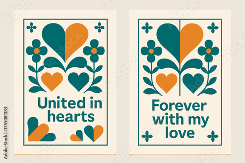 United in Hearts Banners. United in hearts. Two vertical A6 banners with safe margins, centered composition, no elements touching edges, geometric, turquoise
