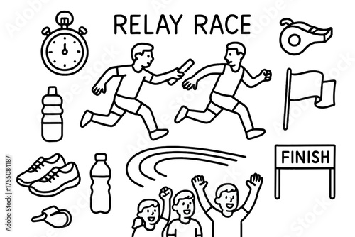 Relay Race Symbols. Relay Race. Hand-drawn doodle illustration Relay Race runners baton sprint track finish line stopwatch whistle sneakers water bottle team