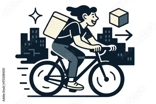 Dynamic Courier Delivery. Delivery gig. Glowing courier on bike delivering a package through city streets. Floating icons of sparkle, arrow, and box