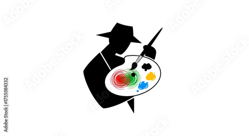 Silhouette of an artist holding a palette with colorful paints and a brush.
