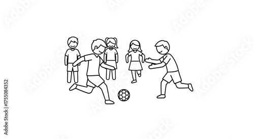 Children playing soccer in a line drawing illustration.