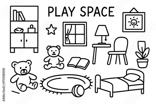 Playroom Doodle Icons. Play space. Hand-drawn doodle illustration play space toy, teddy bear, book, rug, chair, desk, lamp, shelf, star, ball, plant, window,
