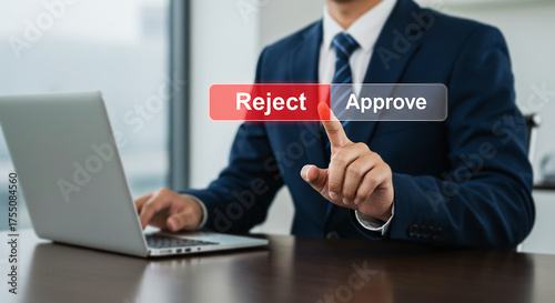 Business Decision Making Concept — Businessman Choosing Approve or Reject Option on Virtual Interface