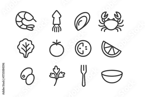 Seafood Salad Icons. Fresh catch salad. Line icon set of Fresh catch salad: shrimp, squid, mussel, crab, lettuce, cherry tomato, cucumber slice, lemon wedge,