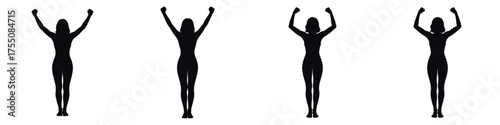 Silhouette of Woman Raising Arms in Victory Pose – Female Figure Celebrating Success, Confidence, Motivation, Empowerment, Strength, and Achievement Vector Illustration
