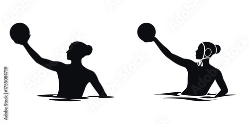 Silhouette of Woman Playing Water Polo – Female Athlete Holding Ball in Water, Aquatic Sport, Strength, Competition, Fitness Training and Team Game Vector Illustration