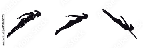 Silhouette of Female Diver Jumping into Water – Woman Athlete Performing Dive, Swimming Sports, Grace, Strength, Fluid Motion, Fitness and Balance Vector Illustration