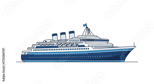 Blue and White Cruise Ship with Multiple Smokestacks.