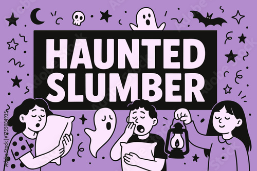 Haunted Slumber Banner. HauntedSlumber banner, flat vector illustration, bold oversized text inside rectangular frame, cartoon characters sleeping