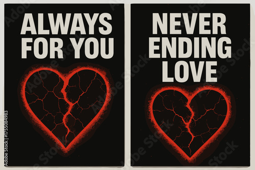 Bold Cracked Heart Banners. Eternal Love. Two vertical A6 banners with safe margins, centered composition, no elements touching edges, brutalist style, black