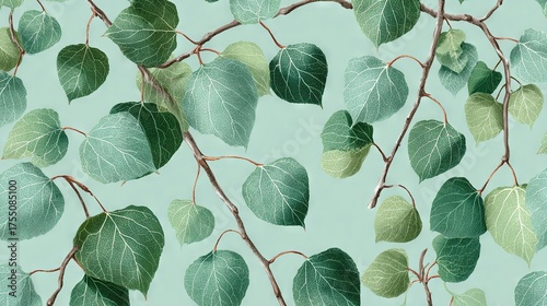   A zoomed-in photo of a blue background adorned with green foliage and a tree branch displaying lush greenery