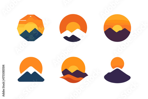 Sunset Sky Logos. Sunset Sky. Set Logo of Sunset Sky: sun dipping behind mountains. harmonious logo variations of the same emblematic concept, each with