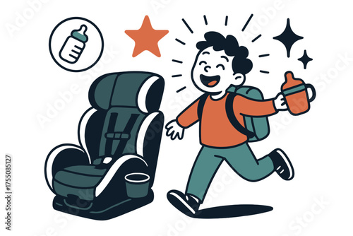 Child Travel Essentials. Travel essentials. Child glowing with backpack and cup holder beside secure car seat. Floating icons of bottle, star, and sparkle