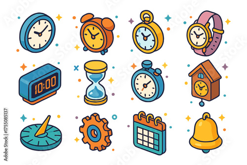 Colorful Clock Icons. Clock Design. Colorful isometric vector icons set of clock design: wall clock, alarm clock, pocket watch, wristwatch, digital clock,