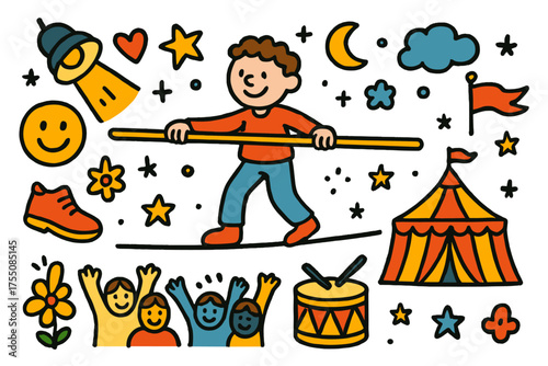 Circus Tightrope Walk. Performance. Colorful Hand-drawn doodle Children illustration tightrope walker, balancing pole, spotlight, circus tent, star, heart,