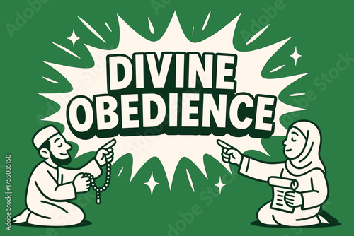 Divine Obedience Banner. Divine Obedience banner, flat vector illustration, bold oversized text inside splash explosion, cartoon characters kneeling and