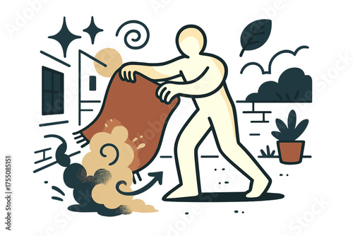 Courtyard Cleaning Scene. Courtyard cleaning. Glowing person shaking out rug in open yard with dust swirling. Floating icons of sparkle, swirl, and leaf