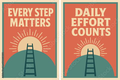 Retro Motivational Banners. Mindset. Two vertical A6 banners with safe margins, centered composition, no elements touching edges, retro style, coral and teal,