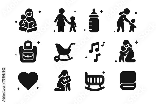 Parenting Icons Collection. Parenting Moments. Solid icons set of Parenting Moments: mother reading to child, mother holding hands, baby bottle, rocking chair,