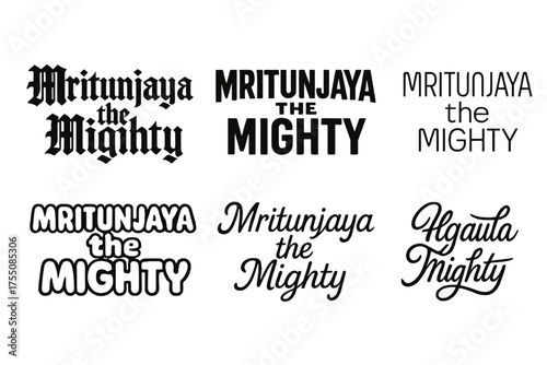 Mritunjaya Lettering Styles. Mritunjaya the Mighty. Set lettering. harmonious lettering variations of the same emblematic concept (Gothic-inspired decorative