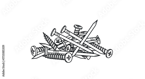 Pile of Assorted Metal Nails and Screws Hand-Drawn Illustration.