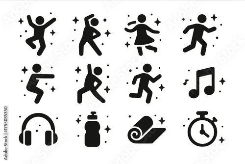 Dance Cardio Icons. Dance Cardio. Solid icons set of Dance Cardio: dancer jumping, dancer stretching, dancer spinning, dancer kicking, dancer squatting, dancer