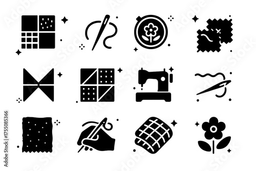Patchwork Icons Collection. Patchwork Design. Solid icons set of Patchwork Design: quilt squares, needle, thread, embroidery, fabric swatch,