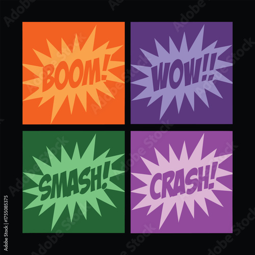 Dynamic comic book sound effects bursting with color boom wow smash crash
