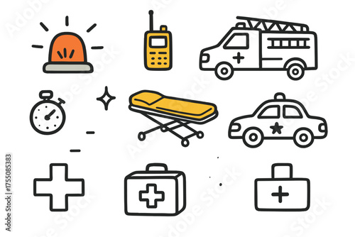 Emergency Vehicles Doodle. Emergency Response. Hand-drawn doodle illustration siren (colored), ambulance, firetruck (colored), police car, radio (colored),