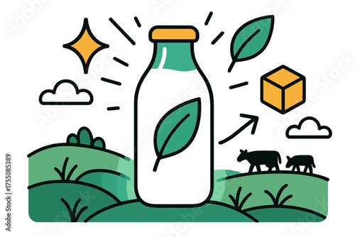 Eco-Friendly Milk Delight. Eco-friendly dairy. Glowing bottle of milk with leaf label and pasture background. Floating icons of sparkle, leaf, and cube