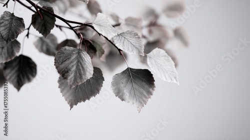  Monochrome shot of a tree branch with foliage in the foreground against a gray backdrop