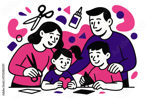 Family Crafting Fun. Family Crafting. Children and parents creating DIY crafts, scissors, paper, and glue floating in mid-air, abstract shapes emphasizing