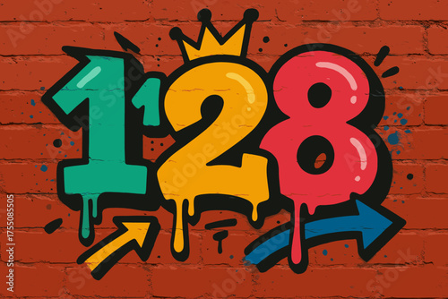 Colorful Urban Graffiti. Street Numbers ? Graffiti Simplified, chunky tilted bubble letters with dripping edges, arrows and crowns, flat spray-fill, urban