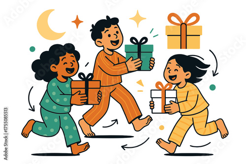 Morning Gift Surprise. Early morning surprise. Children glowing as they tiptoe in pajamas, carrying wrapped boxes. Floating icons of moon, sparkle, and ribbon