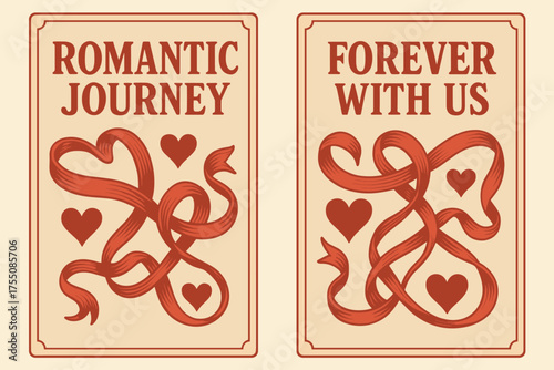 Romantic Journey Banners. Romantic journey. Two vertical A6 banners with safe margins, centered composition, no elements touching edges, retro, red and beige,