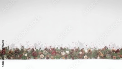 Festive 3D background with pinecones, red flowers, and pine branches. Soft-focus design, perfect for Christmas cards, holiday decorations, and winter-themed projects.
