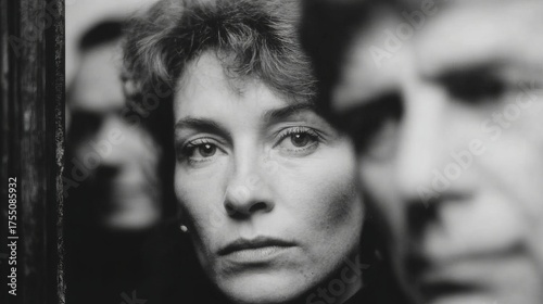 Black and white serious woman portrait in crowd
