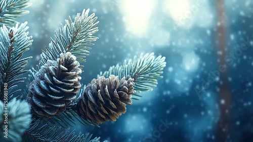 3D soft-focus background with pinecones and pine branches covered in snow, creating a serene, festive atmosphere perfect for Christmas, winter holidays, and seasonal visuals.