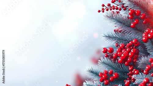 3D soft-focus background with red berries, pine branches, and snow, creating a festive and magical atmosphere for Christmas and winter holiday visuals. Ideal for seasonal projects.