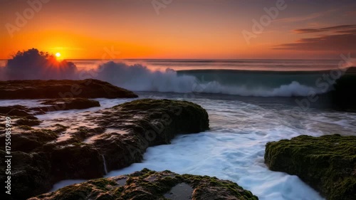 Ocean waves crashing over mossy rocks at sunset with vibrant orange sky