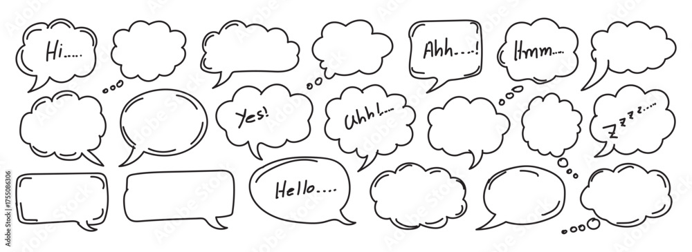 Obraz premium Collection of hand drawn doodle speech bubbles and thought clouds with various handwritten words and phrases