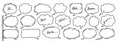 Collection of hand drawn doodle speech bubbles and thought clouds with various handwritten words and phrases