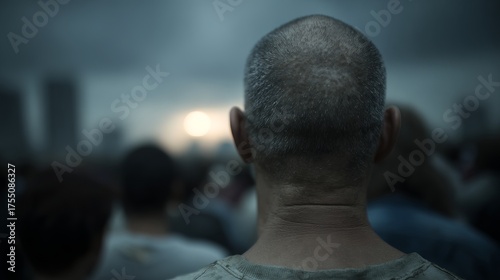 Man with shaved head in crowd under stormy sky