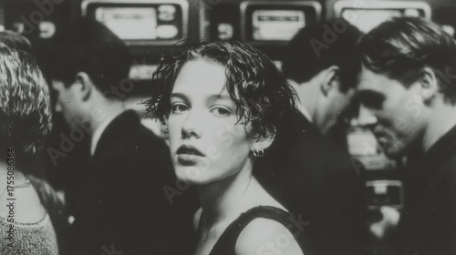 Black and white portrait of young woman in crowded station